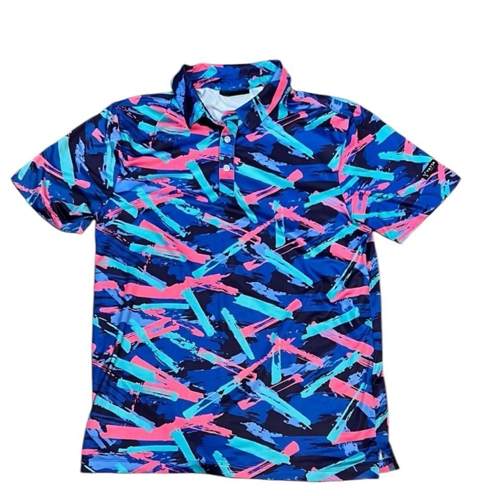 Yatta Men's Golf Polo Shirt Blue Pink Print Performance Size Small